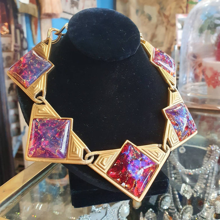 YSL Necklace Gold Pink Purple Dichroic Glass Statement Yves Saint Laurent Vintage - The Hirst Collection