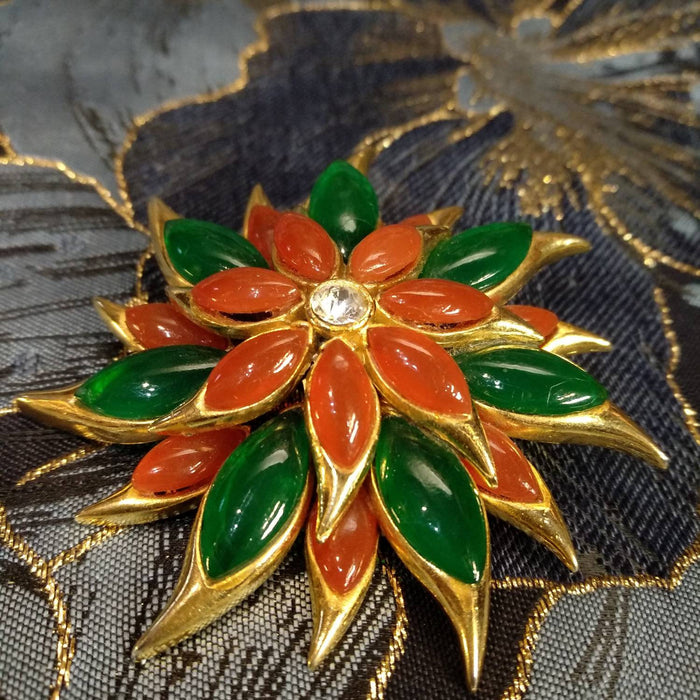 Vintage Sphinx Flower Brooch Green/Red glass flower Carnelian Red Agate - The Hirst Collection