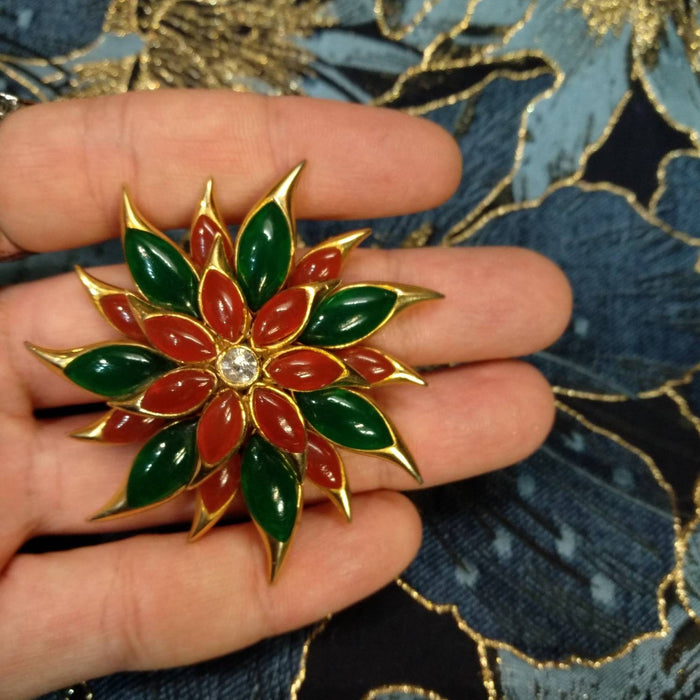 Vintage Sphinx Flower Brooch Green/Red glass flower Carnelian Red Agate - The Hirst Collection