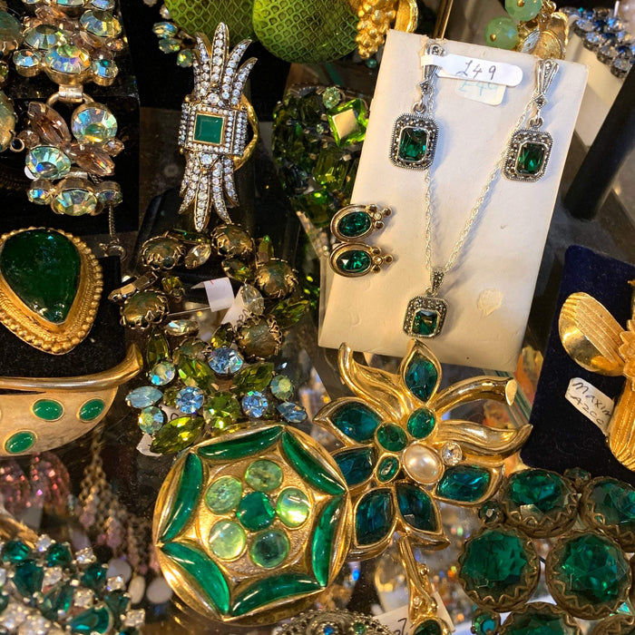 Silver Marcasite Emerald Earrings Square Green Crystal - The Hirst Collection