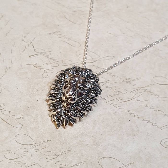 Lion Brooch Pendant Silver Sterling Marcasite - The Hirst Collection