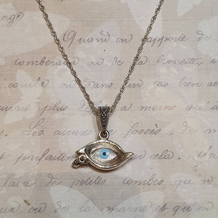 Eye Pendant Silver Marcasite Mother of Pearl Teardrop - The Hirst Collection