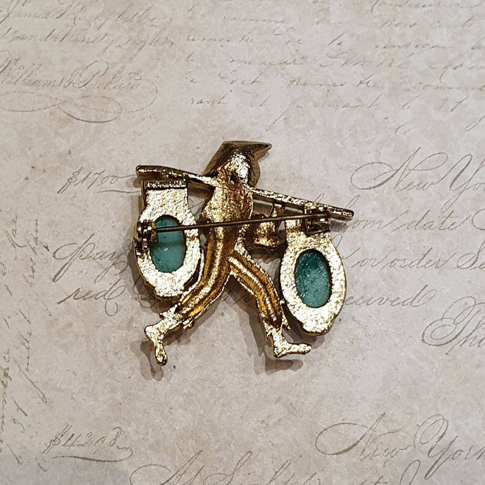 Exquisite brooch Gold Jade Green Pearl Vintage Asian Man Water Carrier - The Hirst Collection