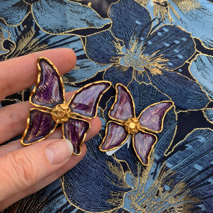 YSL Butterfly Earrings Purple Enamel Yves Saint Laurent Clip on - The Hirst Collection
