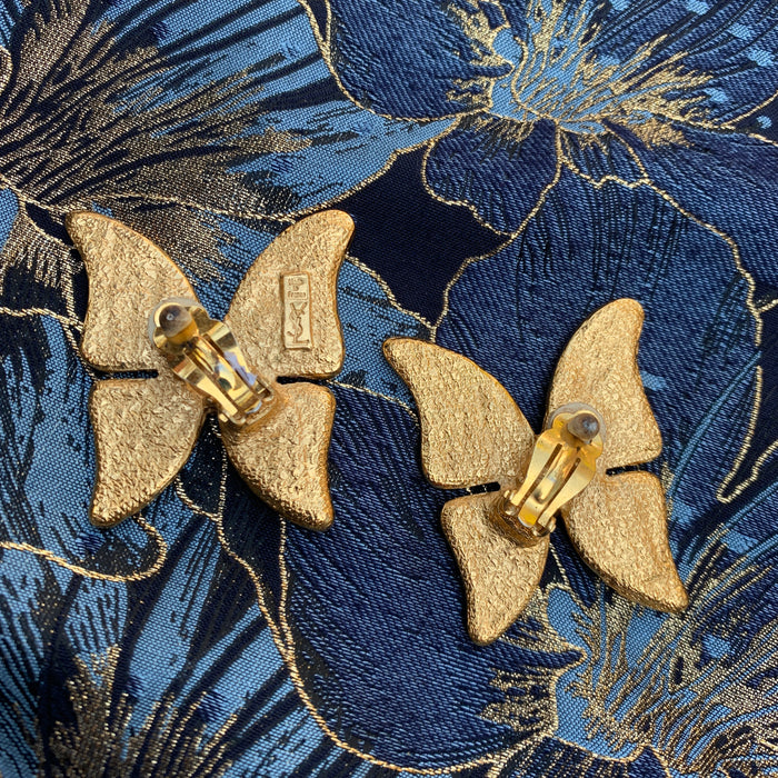 YSL Butterfly Earrings Purple Enamel Yves Saint Laurent Clip on - The Hirst Collection