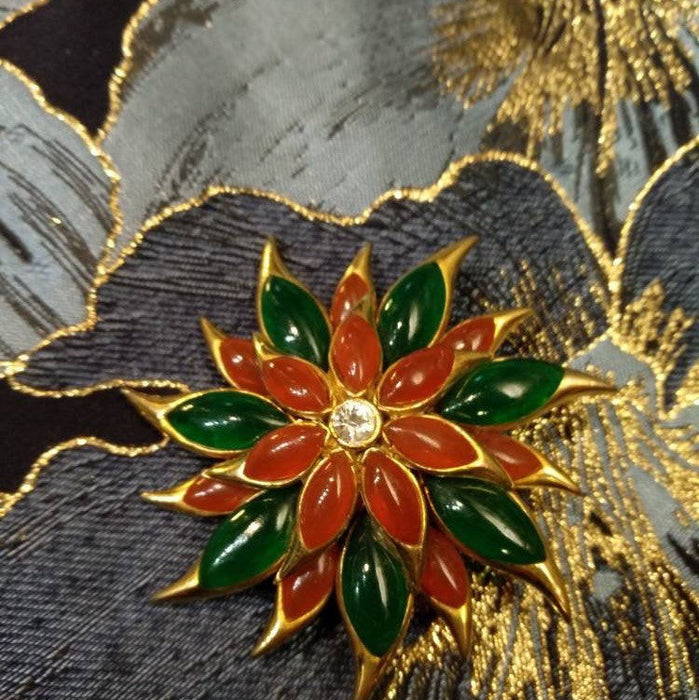 Vintage Sphinx Flower Brooch Green/Red glass flower Carnelian Red Agate - The Hirst Collection