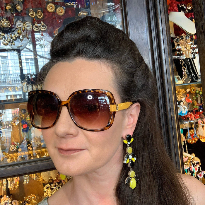 Black Yellow White Glass and Crystal Chandelier Pierced Earrings by Frangos - The Hirst Collection