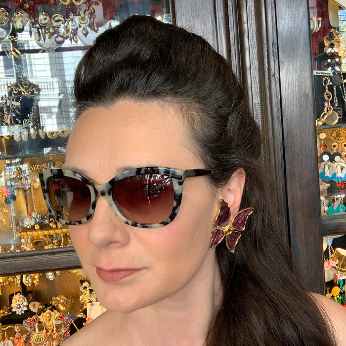 YSL Butterfly Earrings Purple Enamel Yves Saint Laurent Clip on - The Hirst Collection
