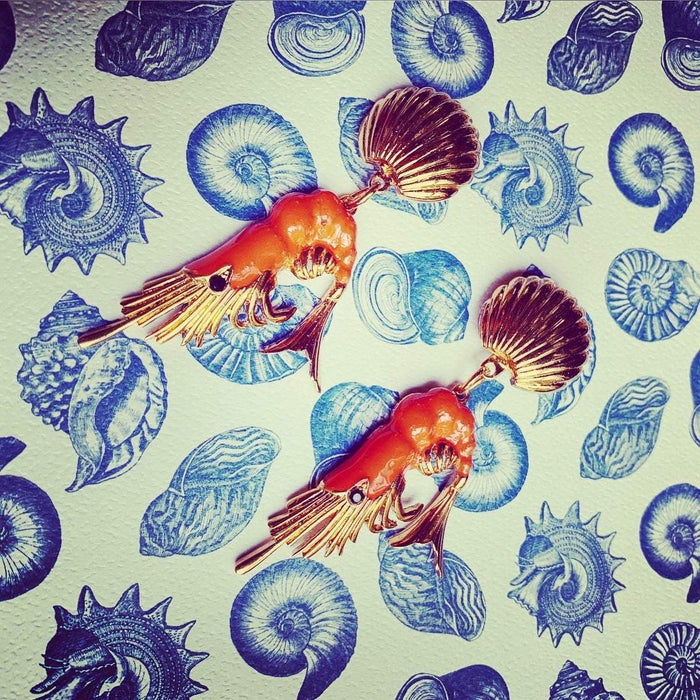 Prawn earrings Coral enamel Lobster Shrimp - The Hirst Collection