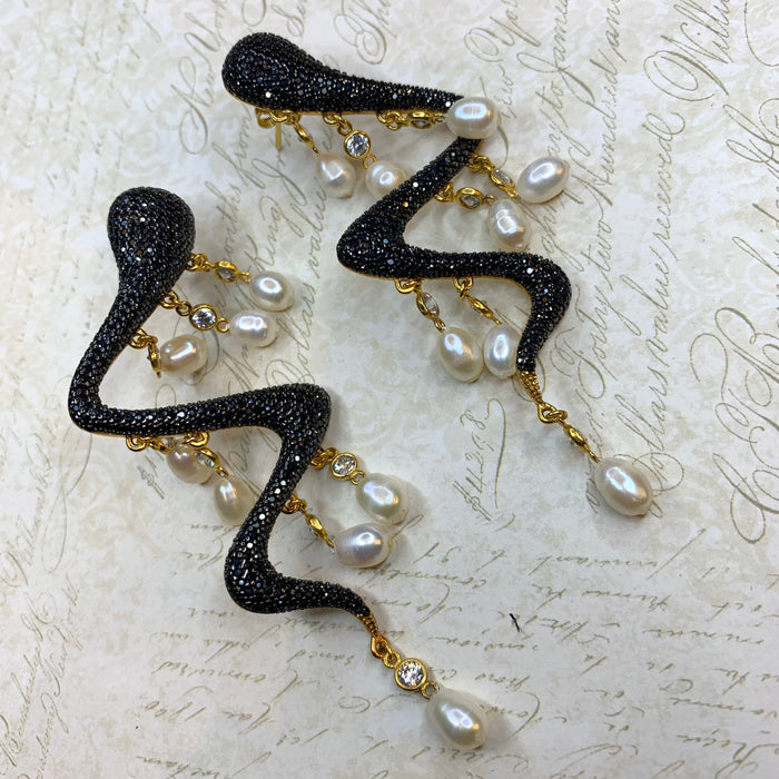 Snake Pearl Statement Earrings Black Crystal - The Hirst Collection