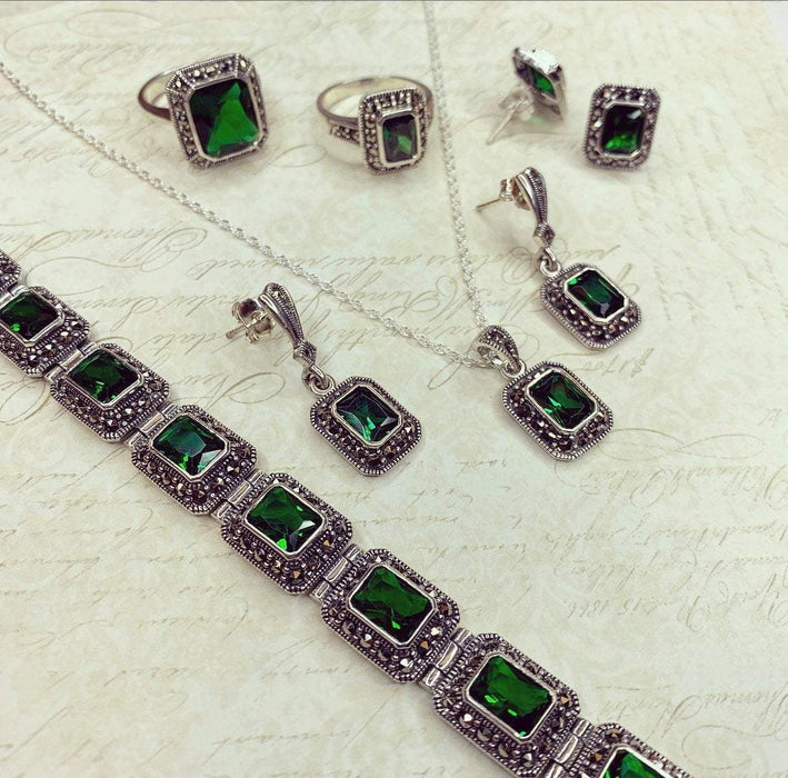 Art Deco Pendant Green Emerald Necklace Silver Marcasite Cubic Zirconia - The Hirst Collection