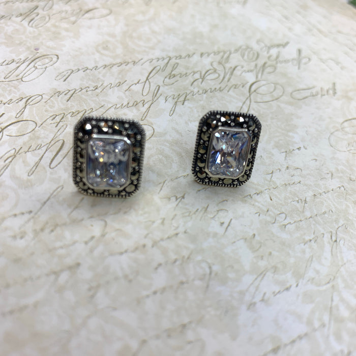 Silver Marcasite Clear Crystal  Earrings Square Studs Diamante - The Hirst Collection