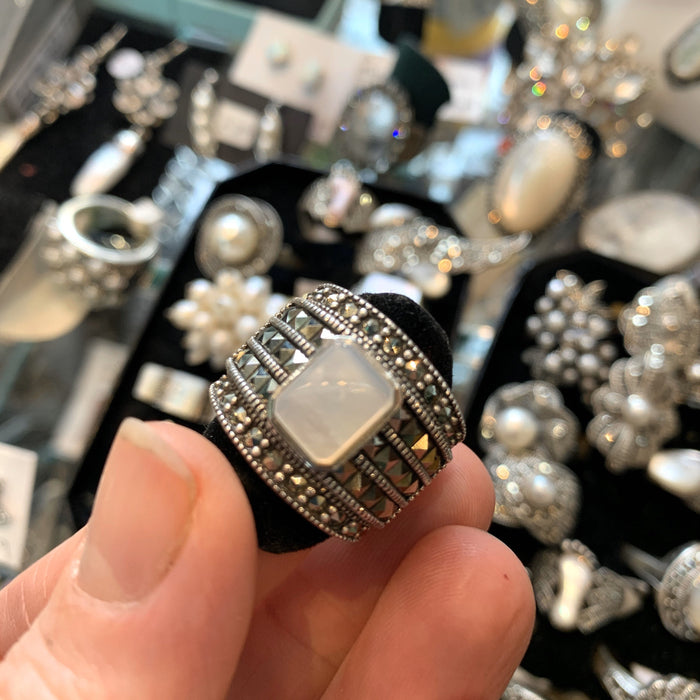 Art Deco Style Ring with Luther of pearl and square Marcasite - The Hirst Collection