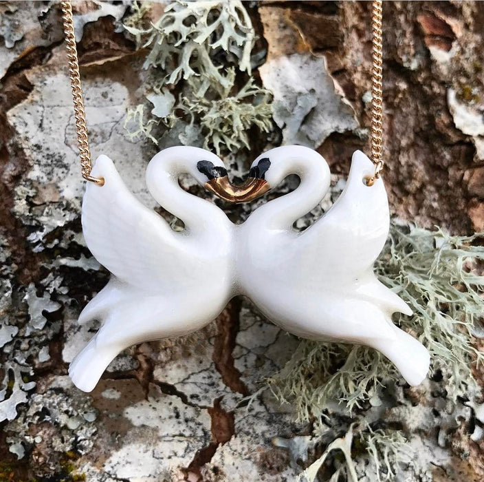 White Kissing Swan Necklace by AndMary - The Hirst Collection