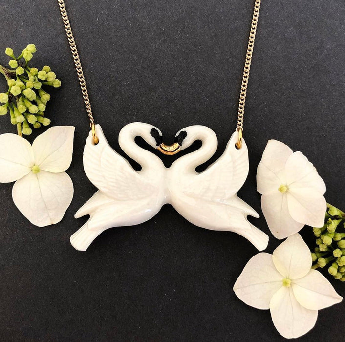 White Kissing Swan Necklace by AndMary - The Hirst Collection