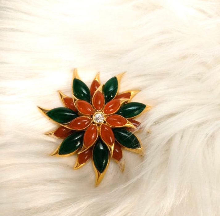 Vintage Sphinx Flower Brooch Green/Red glass flower Carnelian Red Agate - The Hirst Collection