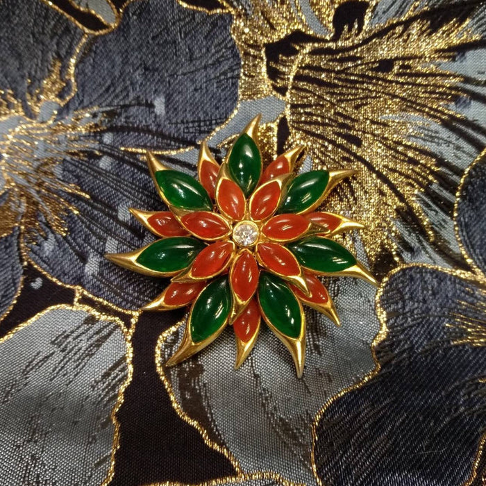Vintage Sphinx Flower Brooch Green/Red glass flower Carnelian Red Agate - The Hirst Collection