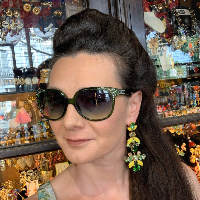 Green Yellow Statement Earrings Swarovski Crystal Chandelier Pierced by Frangos - The Hirst Collection
