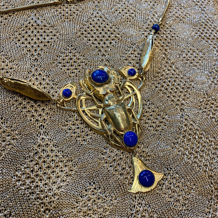 Egyptian Revival Scarab Necklace Art Nouveau Lapis Lazuli - The Hirst Collection
