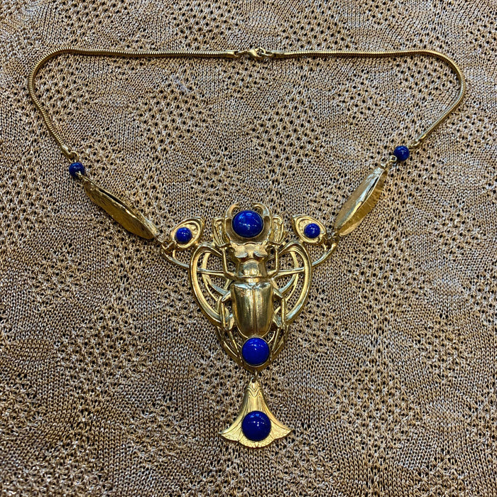 Egyptian Revival Scarab Necklace Art Nouveau Lapis Lazuli - The Hirst Collection