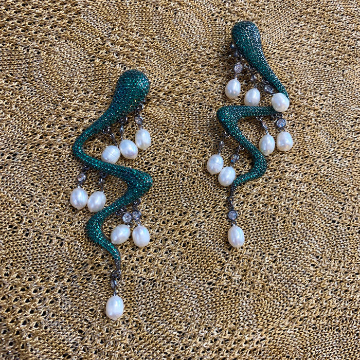 Snake Pearl Statement Earrings Emerald Green - The Hirst Collection