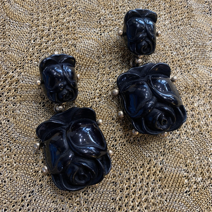 Oscar de La Renta Earrings Black Rose Tulip  Pierced - The Hirst Collection