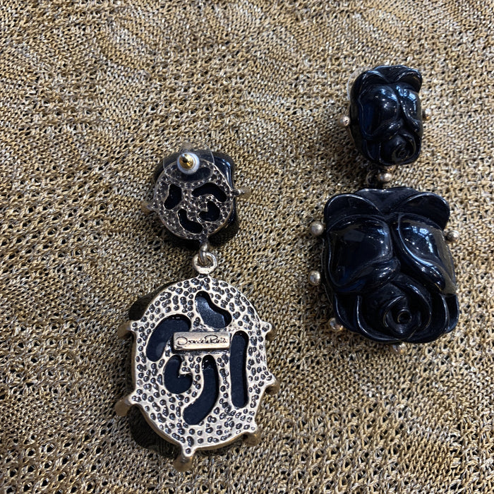 Oscar de La Renta Earrings Black Rose Tulip  Pierced - The Hirst Collection