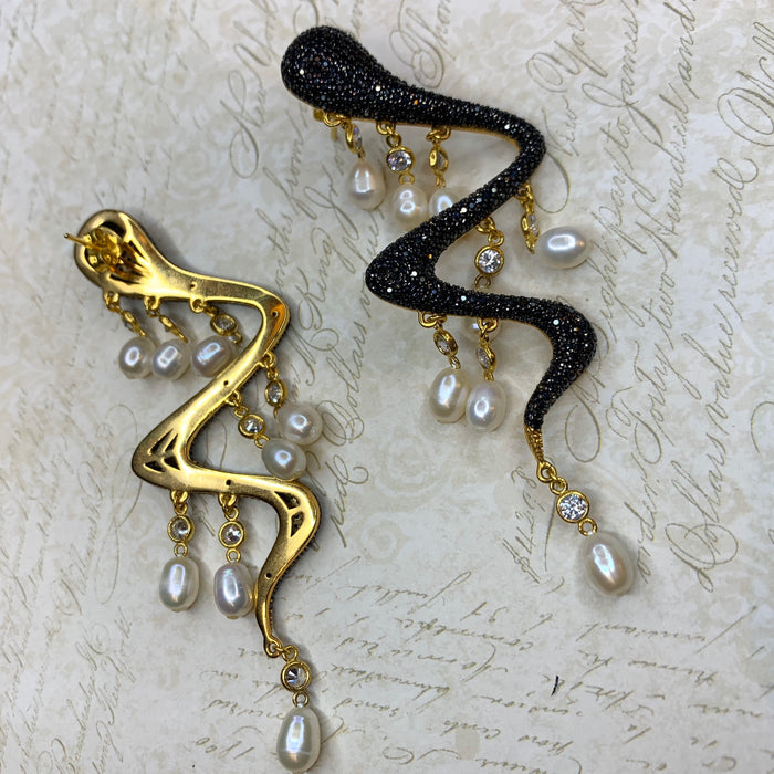 Snake Pearl Statement Earrings Black Crystal - The Hirst Collection