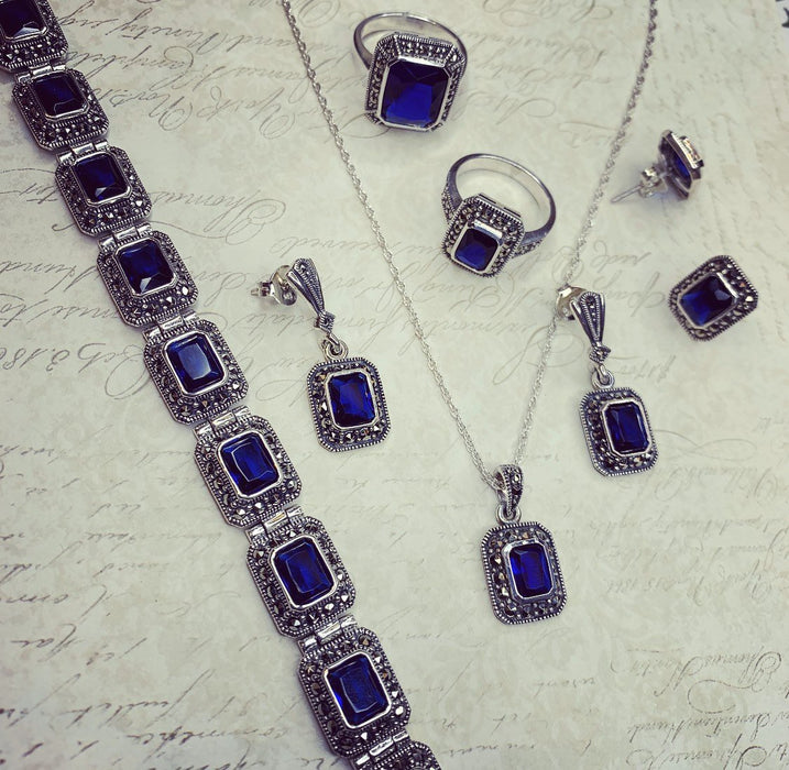 Silver Marcasite Sapphire Earrings Square Blue Crystal Studs - The Hirst Collection
