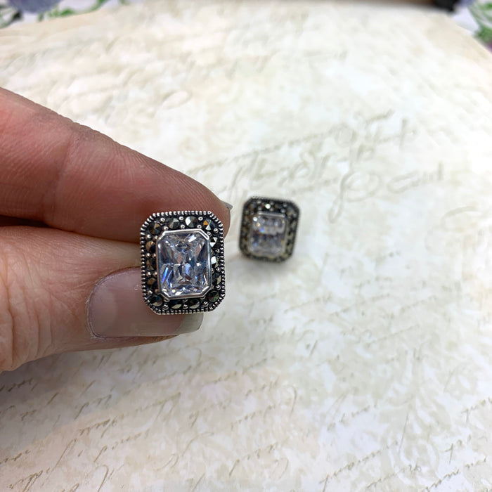 Silver Marcasite Clear Crystal  Earrings Square Studs Diamante - The Hirst Collection