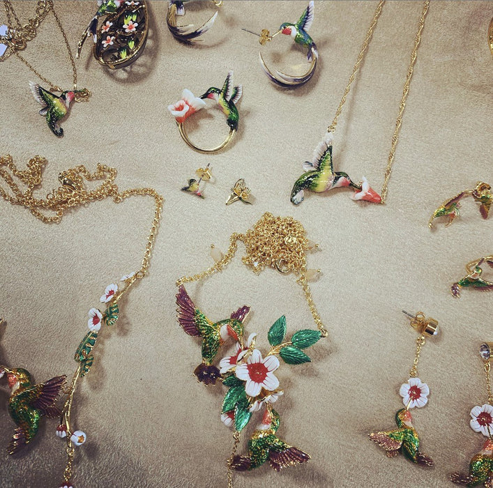 Hummingbird stud earrings by Bill Skinner in Enamel gold plated - The Hirst Collection