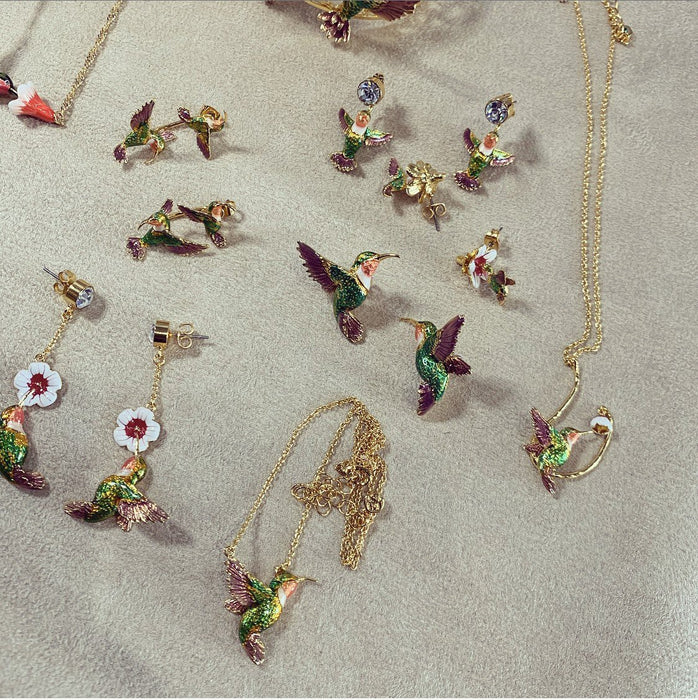 Hummingbird stud earrings by Bill Skinner in Enamel gold plated - The Hirst Collection