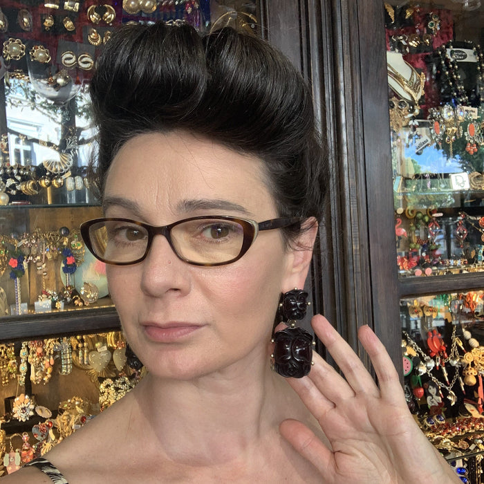 Oscar de La Renta Earrings Black Rose Tulip  Pierced - The Hirst Collection