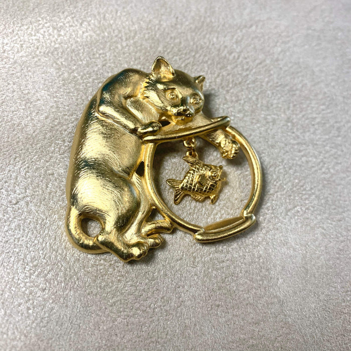 JJ cat brooch gold fish bowl - The Hirst Collection