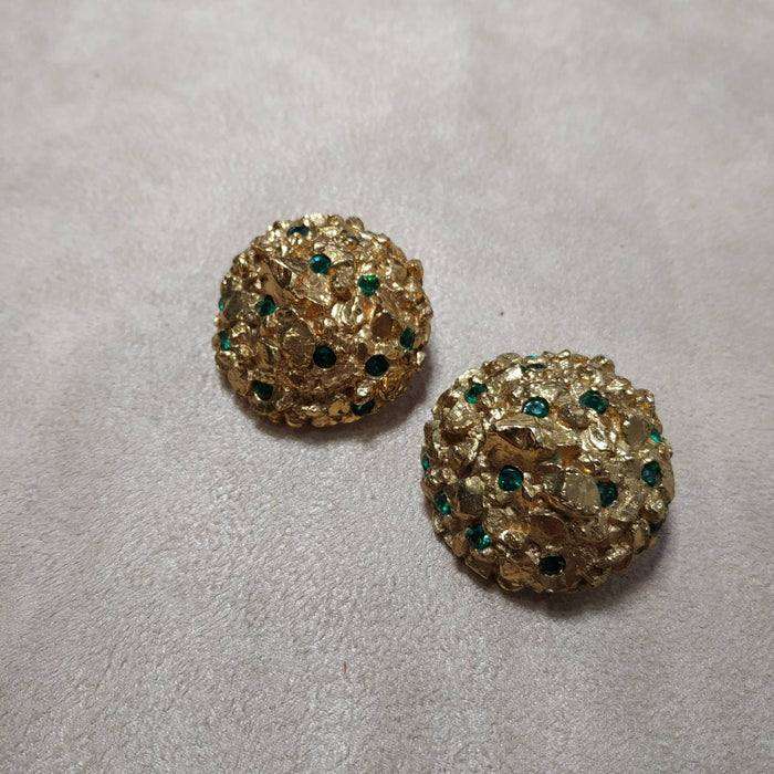 Vintage Scherrer Earrings Chunky Gold Green Crystal Clip on - The Hirst Collection