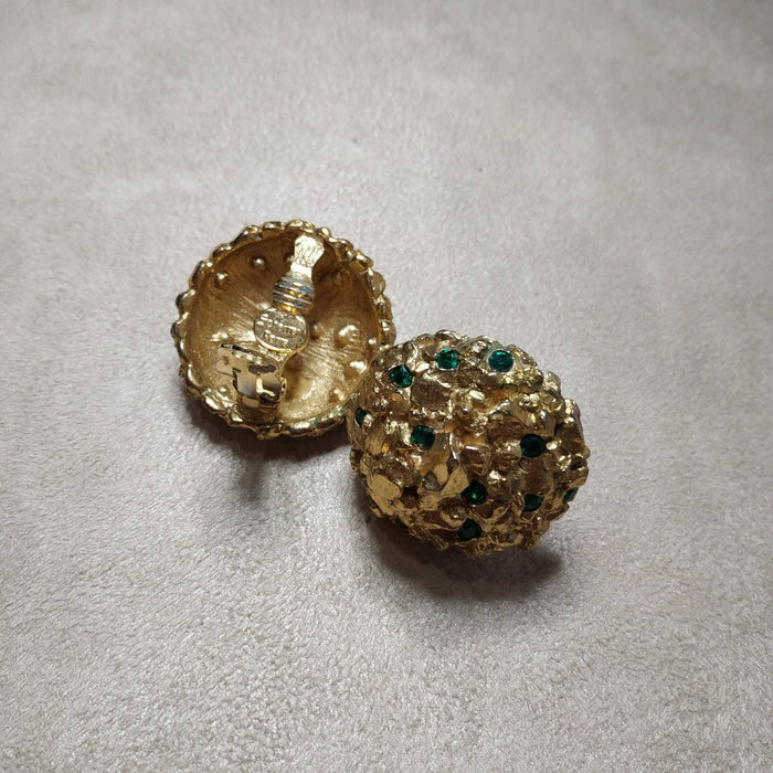 Vintage Scherrer Earrings Chunky Gold Green Crystal Clip on - The Hirst Collection