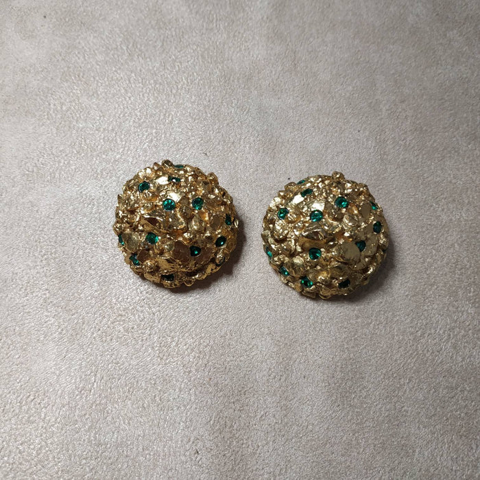 Vintage Scherrer Earrings Chunky Gold Green Crystal Clip on - The Hirst Collection