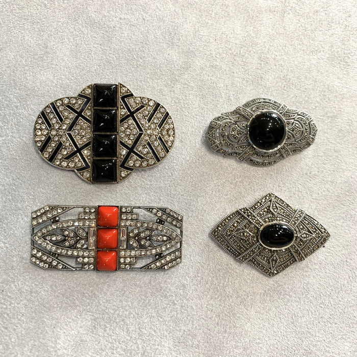 Art Deco Brooch Silver Marcasite Black Onyx - The Hirst Collection