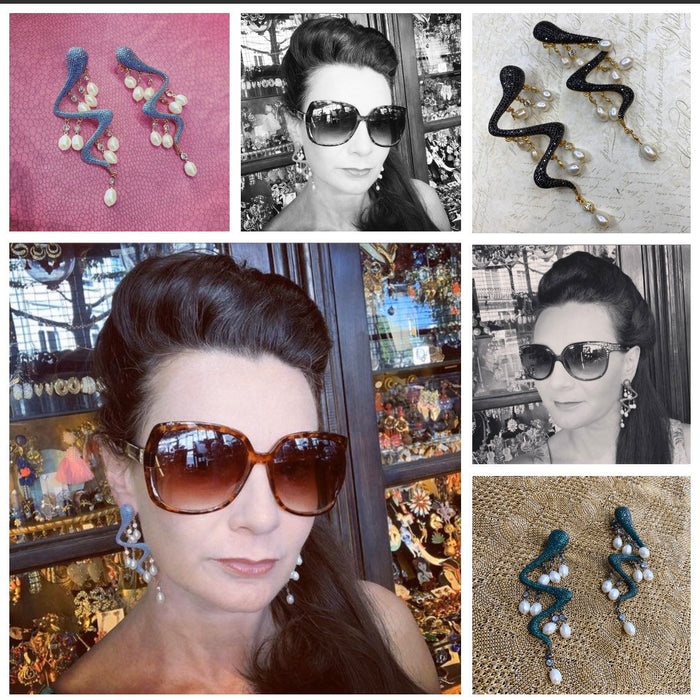 Snake Pearl Statement Earrings Black Crystal - The Hirst Collection