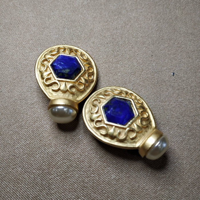 Lapis pearl Earrings by Rima Ariss Green Clip On Gold - The Hirst Collection