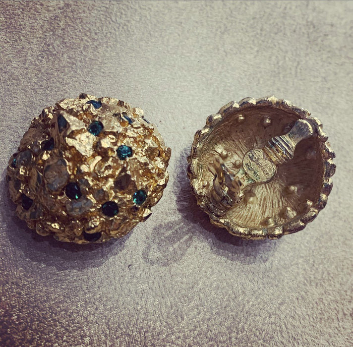 Vintage Scherrer Earrings Chunky Gold Green Crystal Clip on - The Hirst Collection