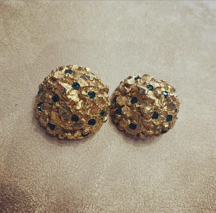 Vintage Scherrer Earrings Chunky Gold Green Crystal Clip on - The Hirst Collection