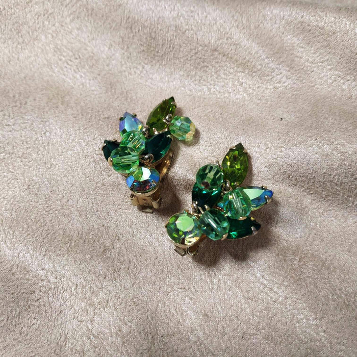 Vintage Kramer Earrings Green Crystal Clip On - The Hirst Collection