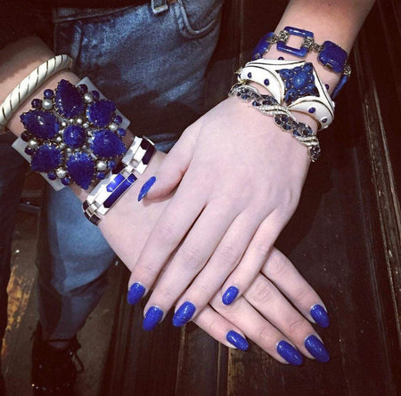 Trifari white enamel Lapis blue clamper bangle - The Hirst Collection