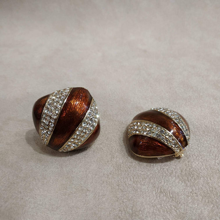 Ciner Vintage Art Deco Earrings Gold / Brown enamel Clip On - The Hirst Collection