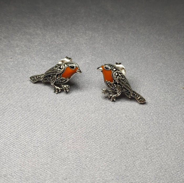 Robin earrings silver Marcasite enamel - The Hirst Collection