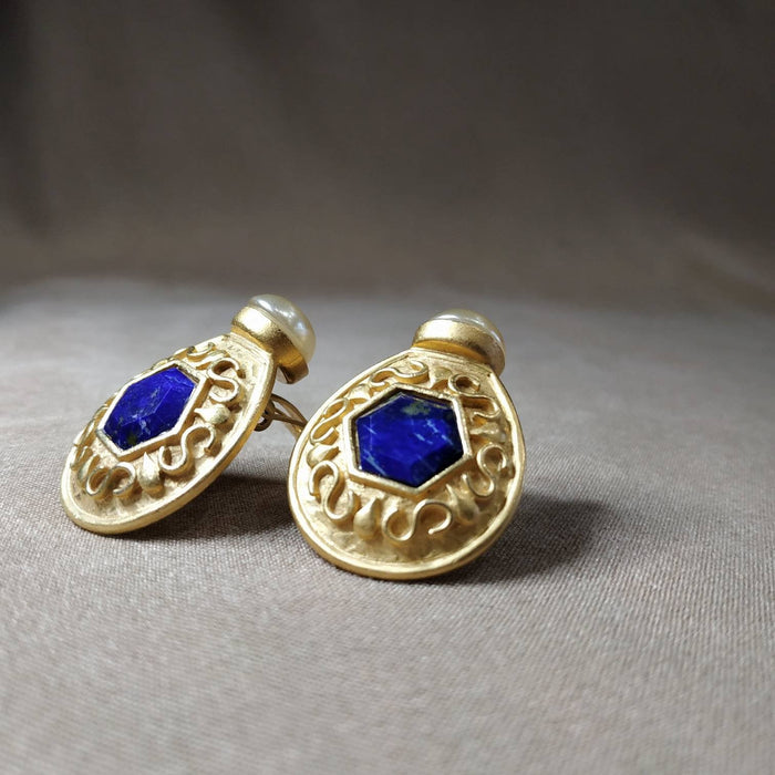 Lapis pearl Earrings by Rima Ariss Green Clip On Gold - The Hirst Collection