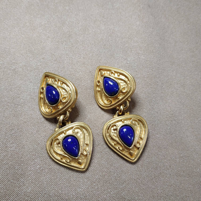 Lapis Lazuli Clip On Drop earrings by Rima Ariss in gold plate - The Hirst Collection