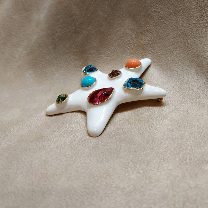 Kenneth Jay Lane Starfish Brooch White Enamel Coral Turquiose Large Statement - The Hirst Collection