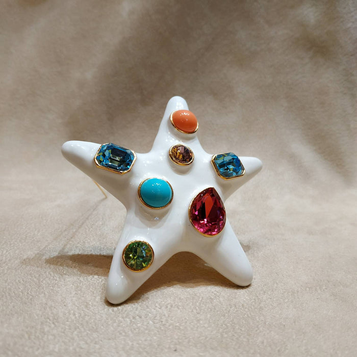 Kenneth Jay Lane Starfish Brooch White Enamel Coral Turquiose Large Statement - The Hirst Collection